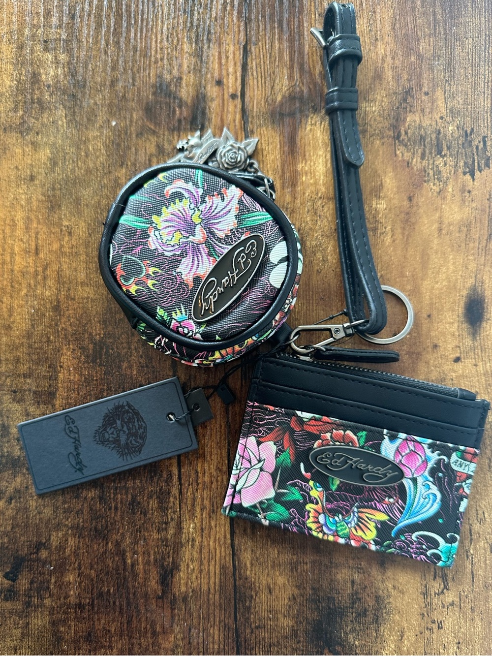 Ed Hardy 3 Piece Black Floral Tattoo Print Cardholder & Round Coin Pouch Set NWT
